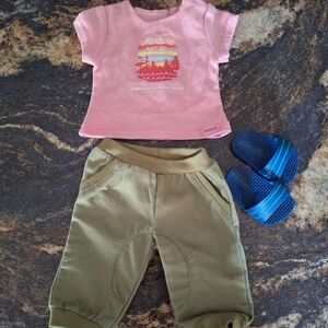 American Girl Pink Graphic Tee and Olive Pants Set with Blue Sandals